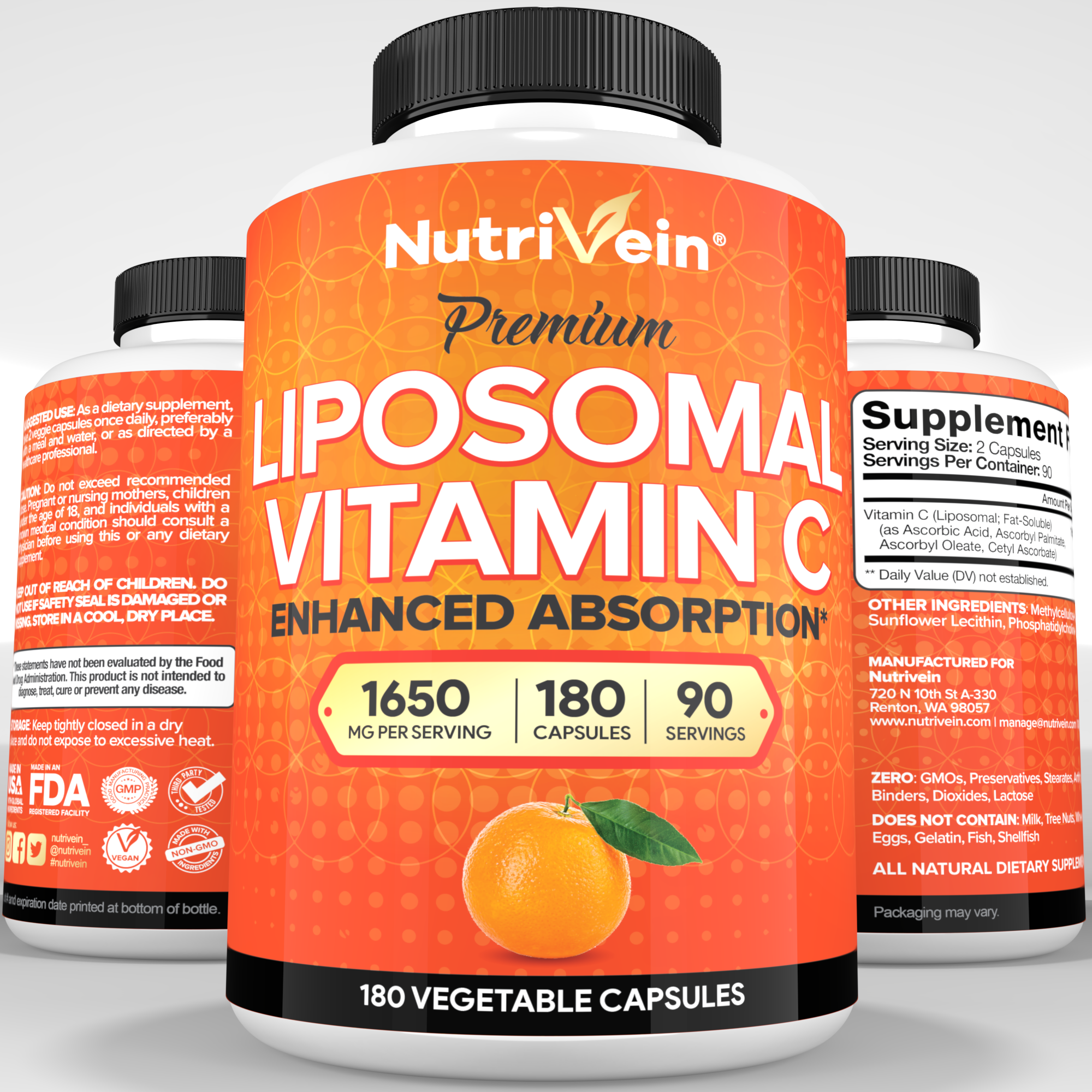 Nutrivein Premium Liposomal Vitamin C Supplement 1650mg - 180 Caps