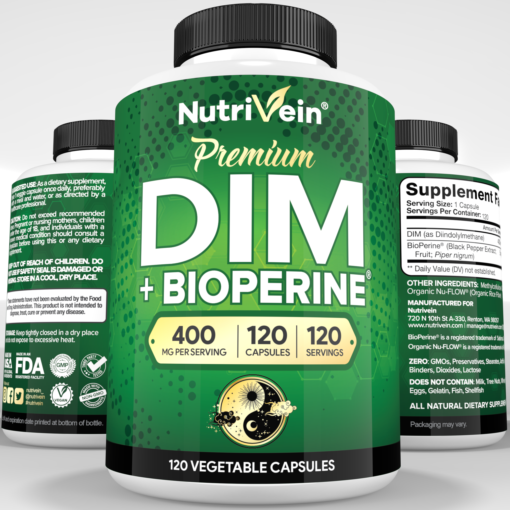Nutrivein Premium DIM Supplement 400 mg Daily - 120 Capsules