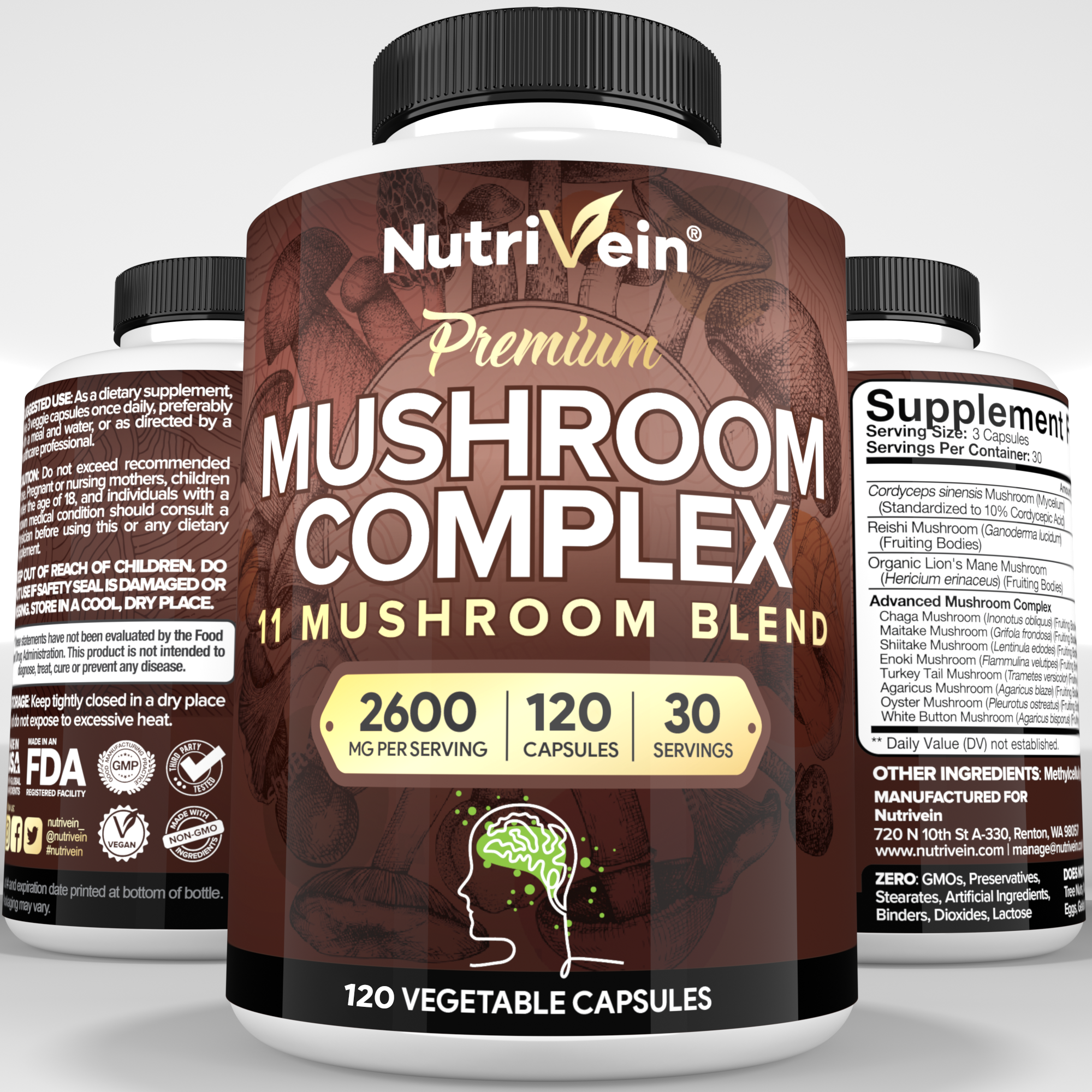Nutrivein Premium Mushroom Supplement 2600 mg- Bottle 120 Capsules