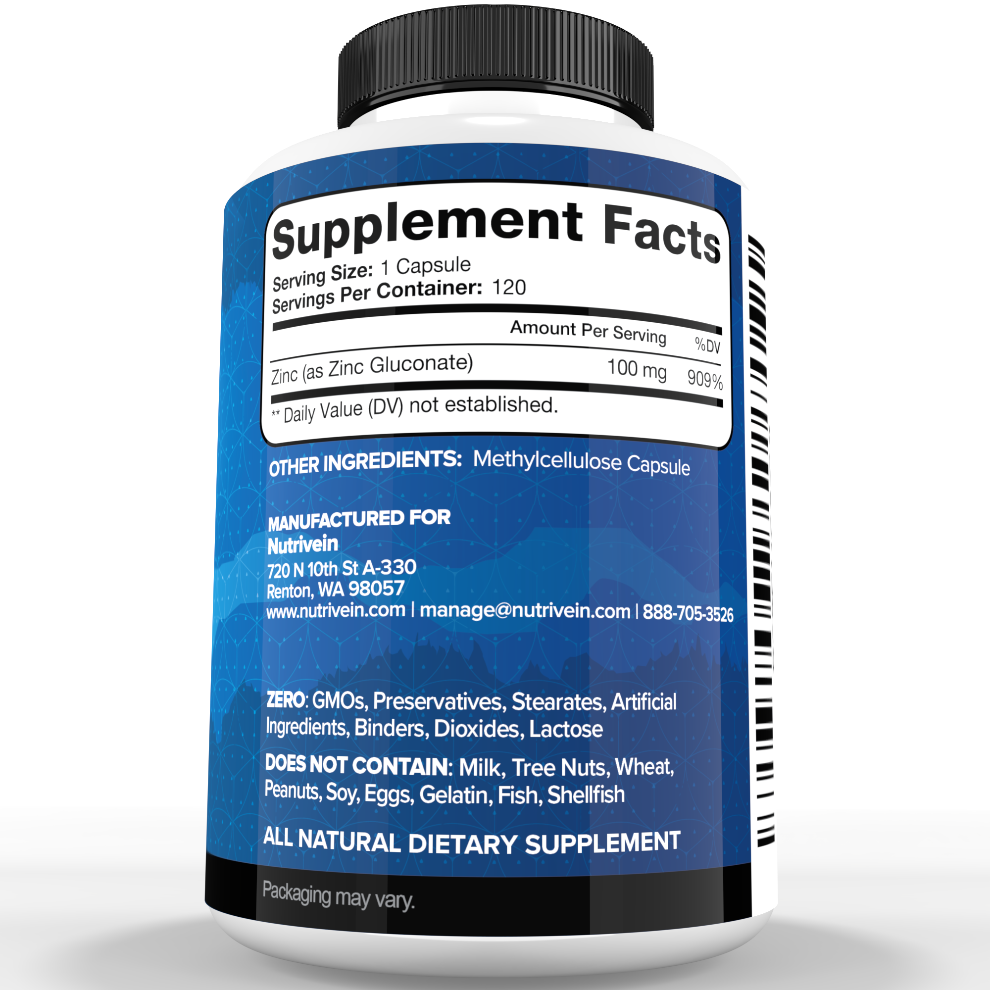 Nutrivein Premium Zinc Gluconate 100mg - 120 Capsules