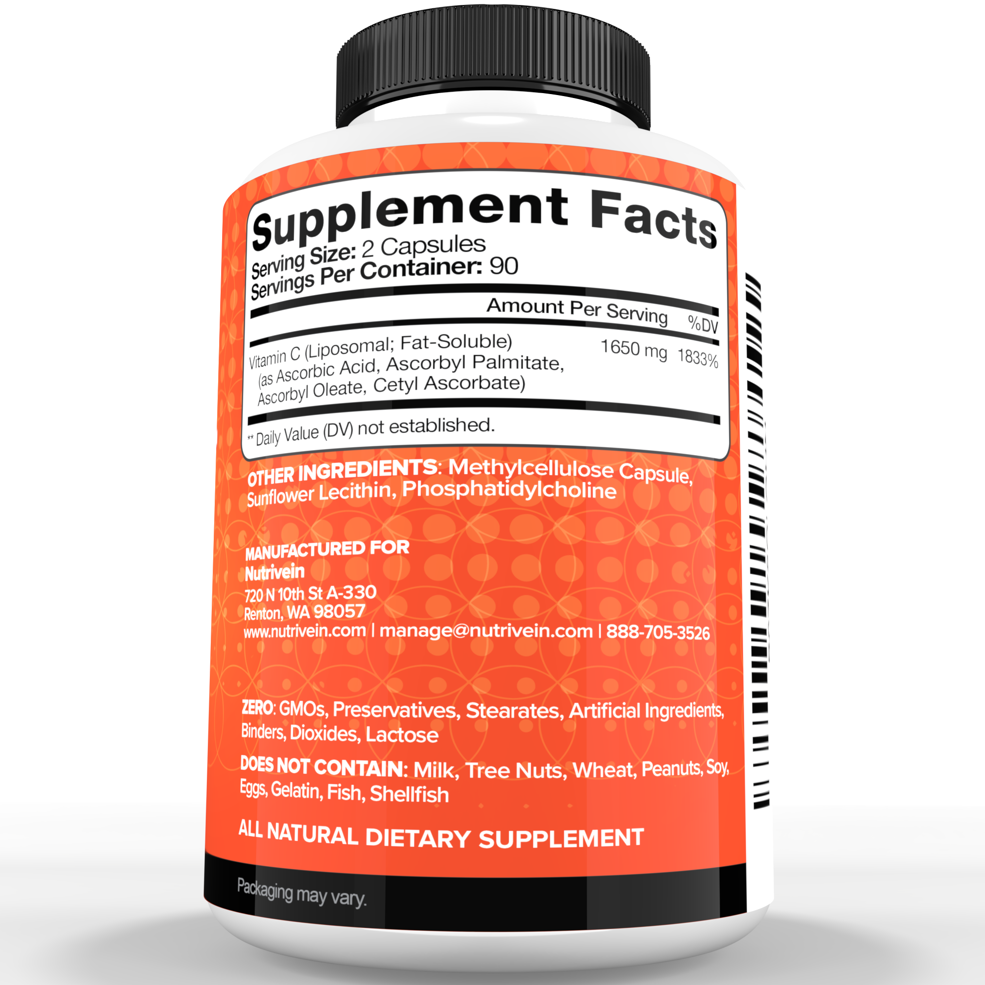 Nutrivein Premium Liposomal Vitamin C Supplement 1650mg - 180 Caps