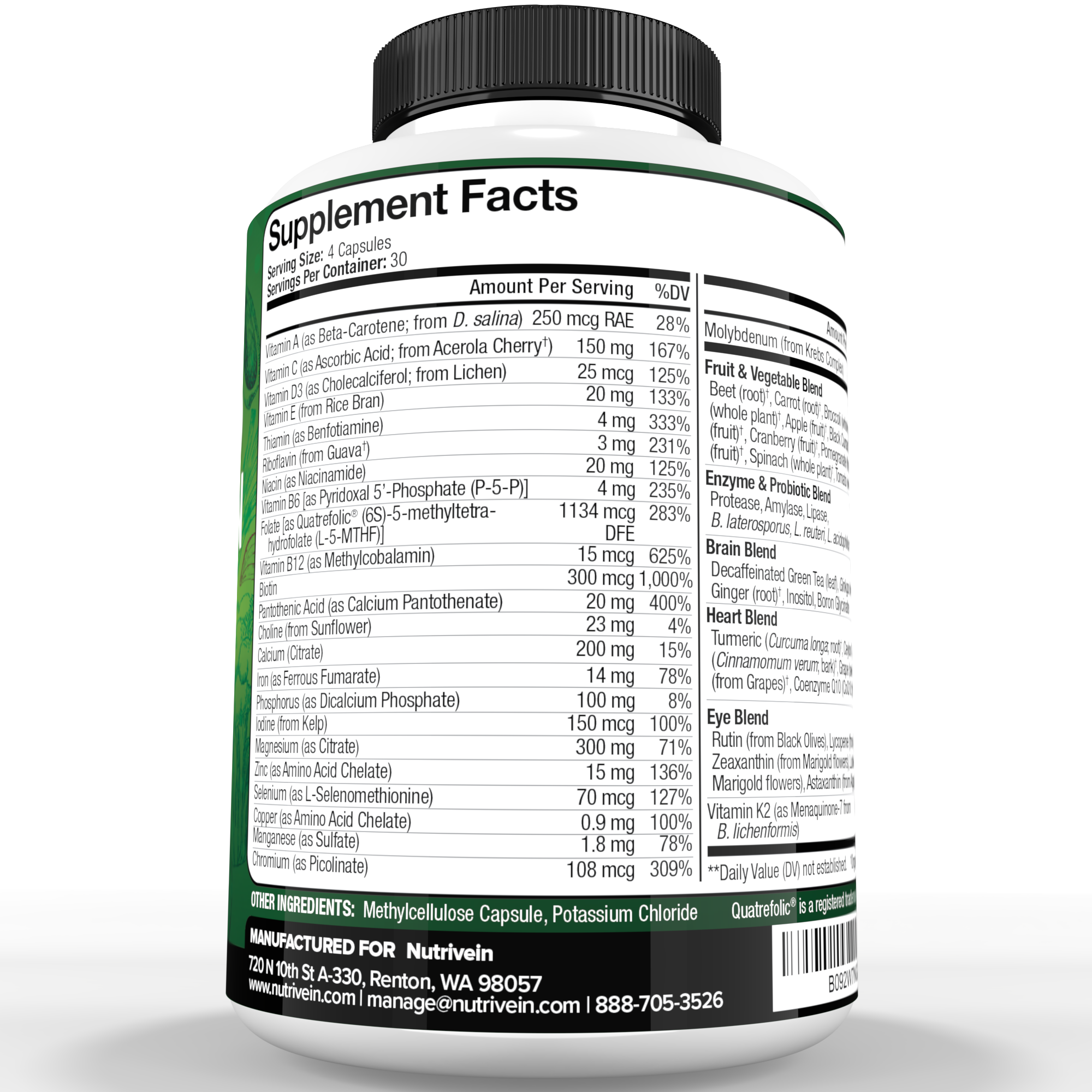 Nutrivein Whole Food Multivitamin for Men & Women – 120 Vegan Multivitamin Caps for Adults