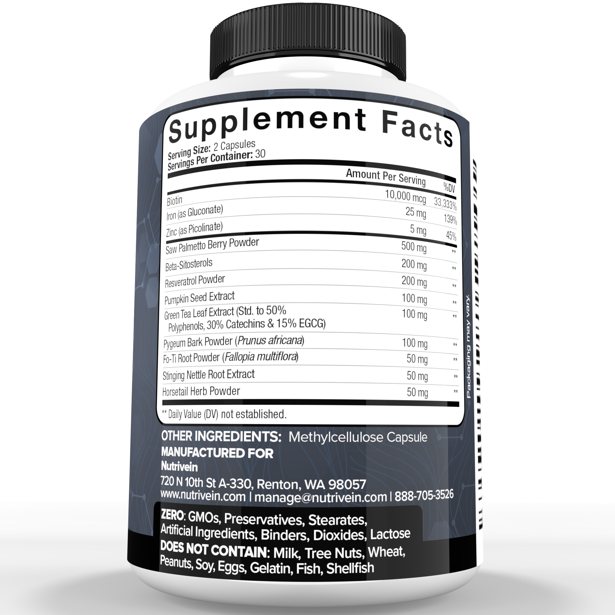 Nutrivein Premium DHT Blocker for Men & Women - with Biotin - 30 Day Supply (60 Caps)
