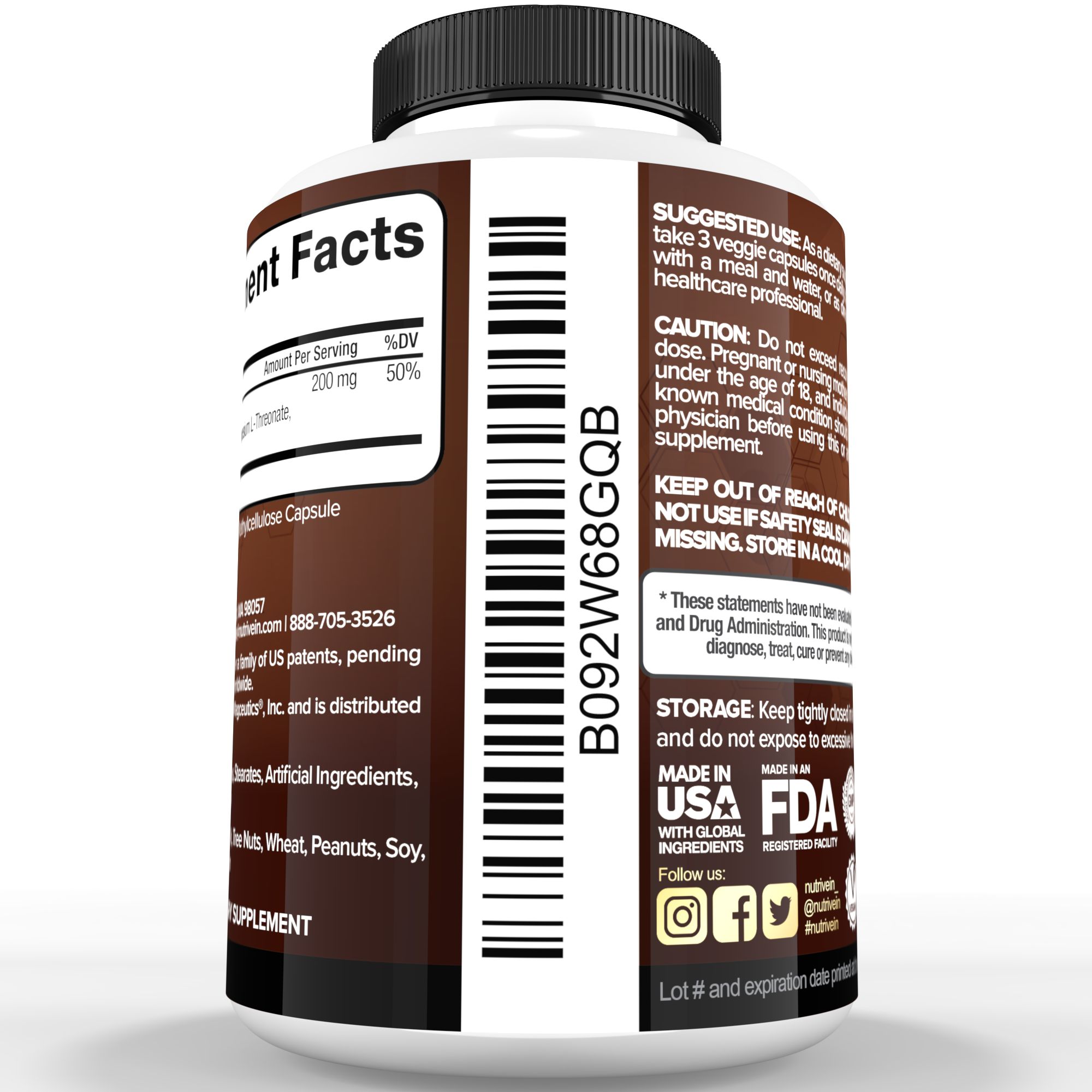 Nutrivein Premium Magtein Magnesium L-Threonate Supplement 2207 mg - 90 Caps (3 a Day)