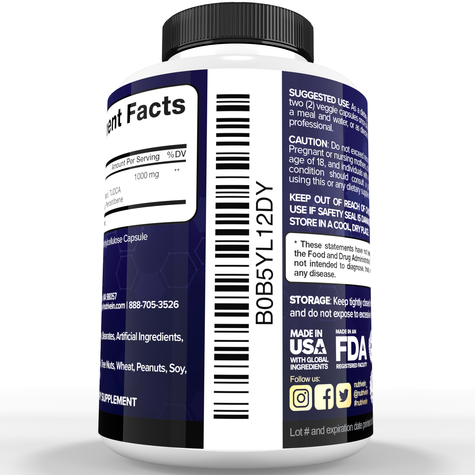 Nutrivein Premium TUDCA+ Liver Support Supplement 1000mg - 30 Day Supply - 60 Capsules