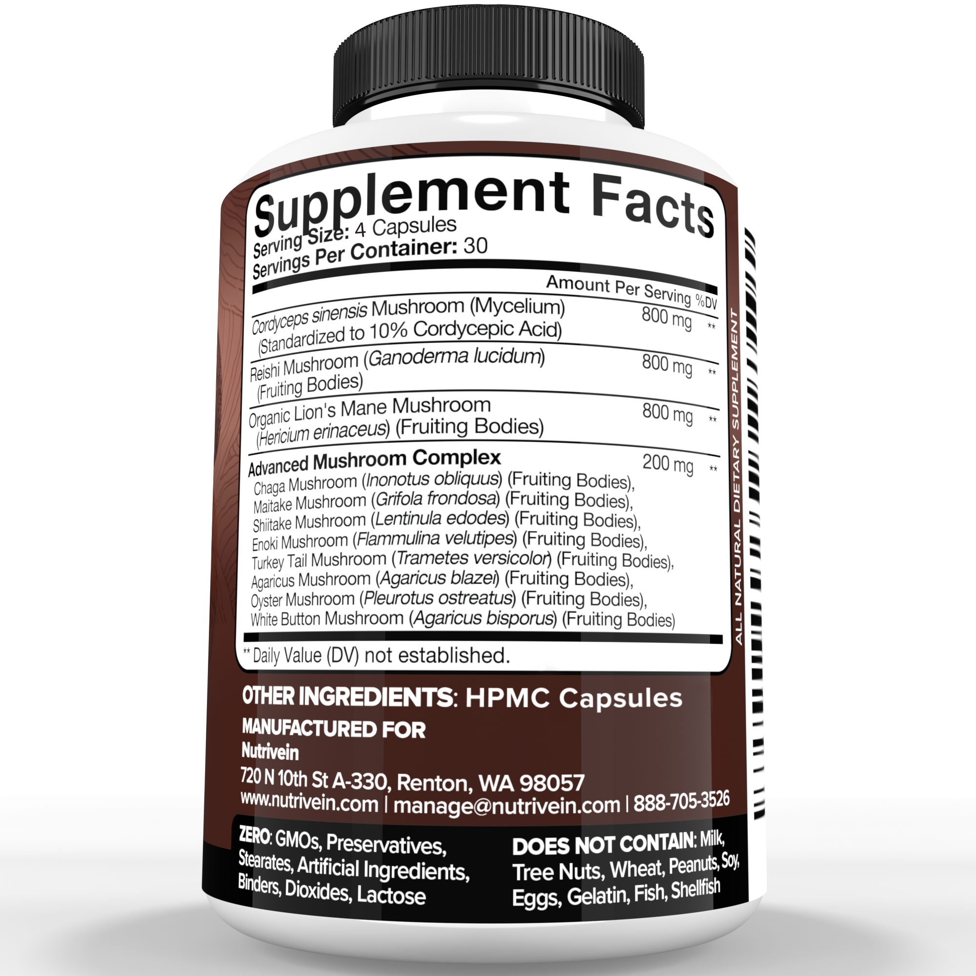 Nutrivein Premium Mushroom Supplement 2600 mg- Bottle 120 Capsules