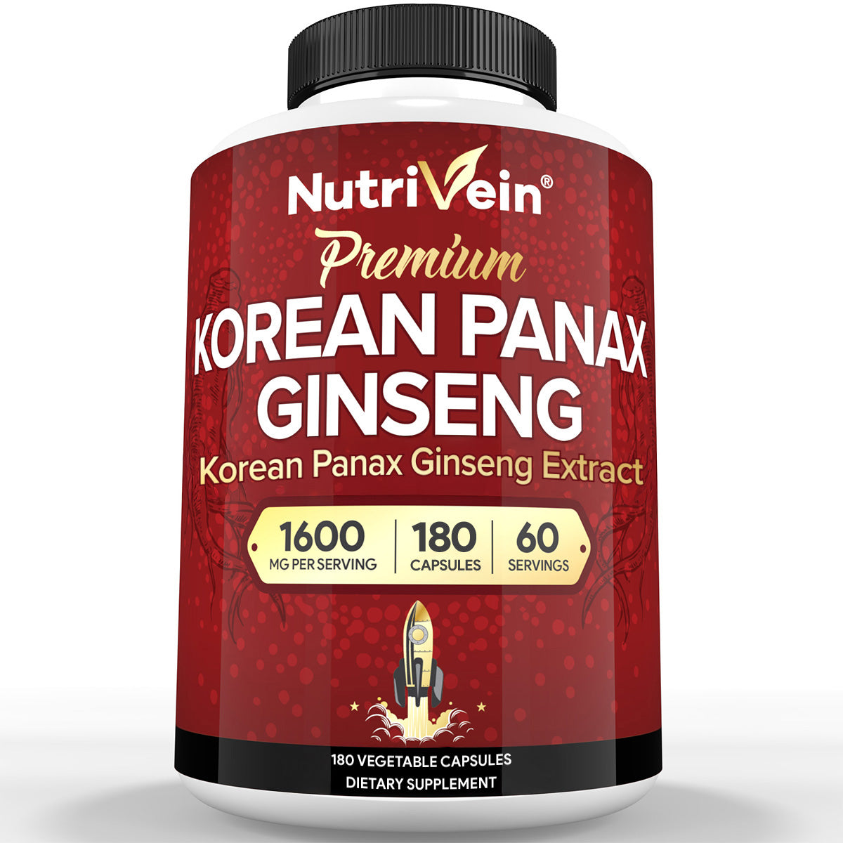 Nutrivein Korean Red Panax Ginseng 1600mg – Extra Strength Formula - 180 Capsules