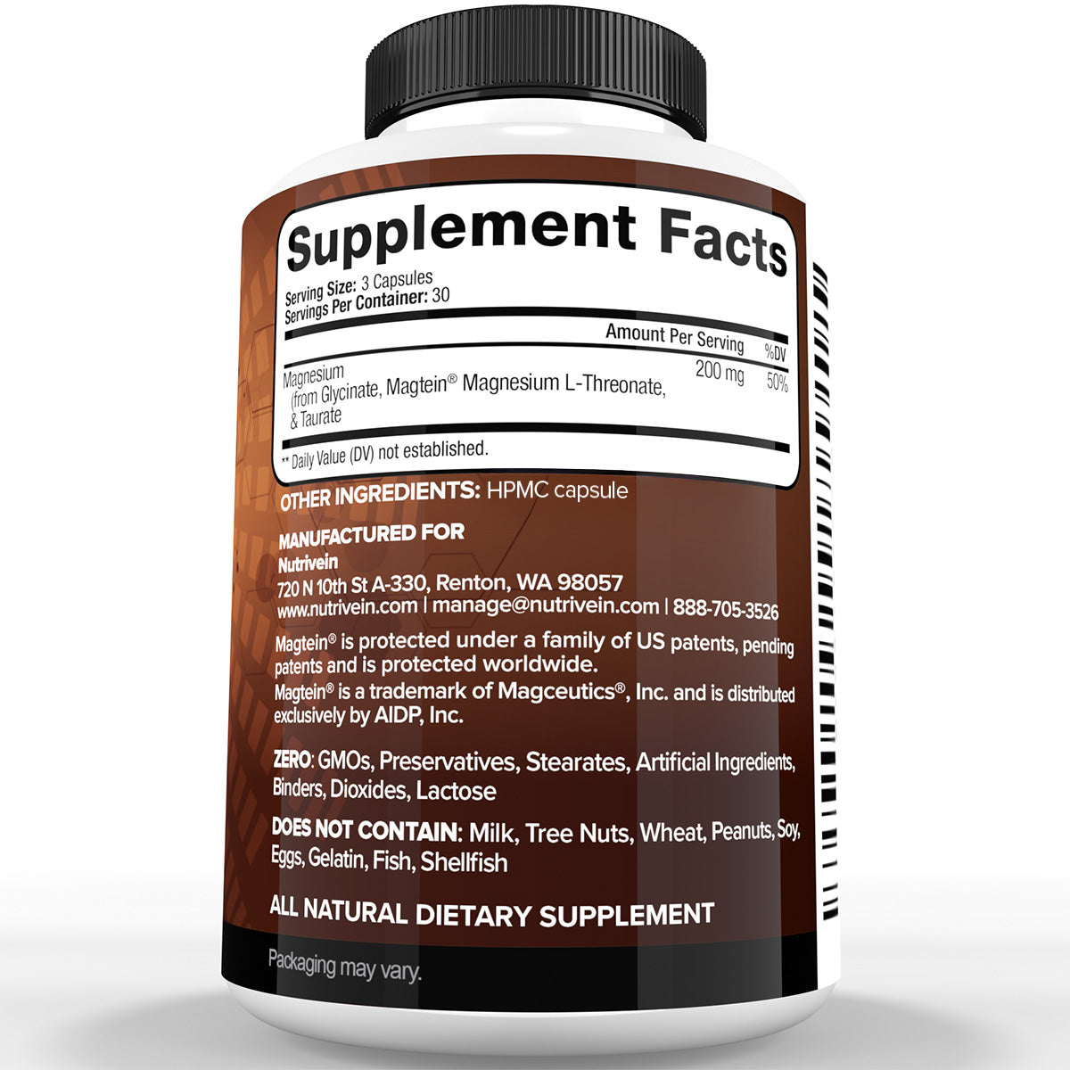 Nutrivein Premium Magtein Magnesium L-Threonate Supplement 2207 mg - 90 Caps (3 a Day)