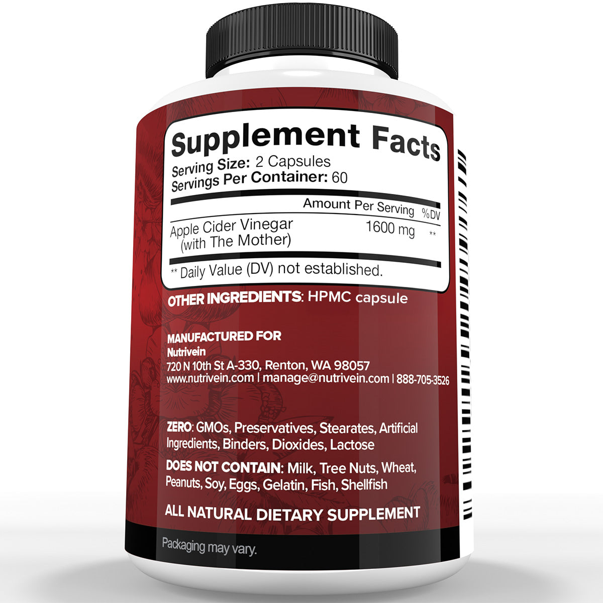 Nutrivein Premium Apple Cider Vinegar Supplements with Mother - 1600 mg - 120 Capsules