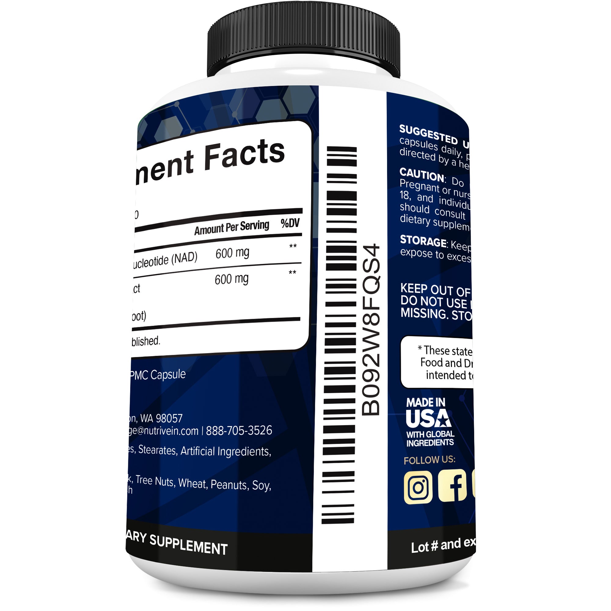Nutrivein Premium NAD + Resveratrol Supplement 1200 mg - 30 Servings (60 Capsules)