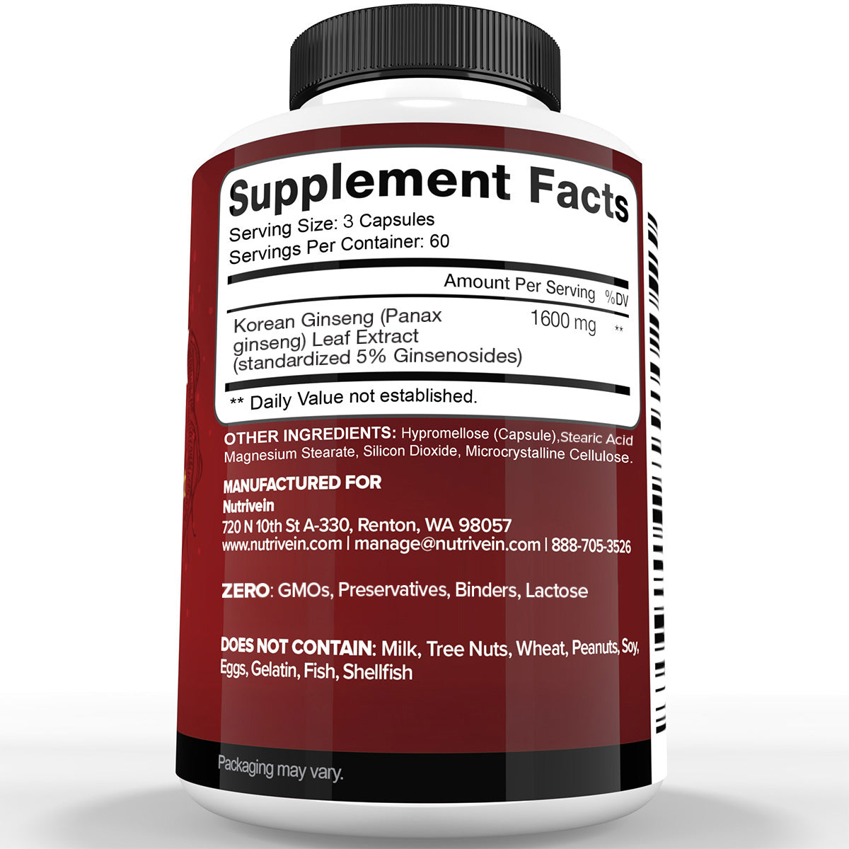 Nutrivein Korean Red Panax Ginseng 1600mg – Extra Strength Formula - 180 Capsules