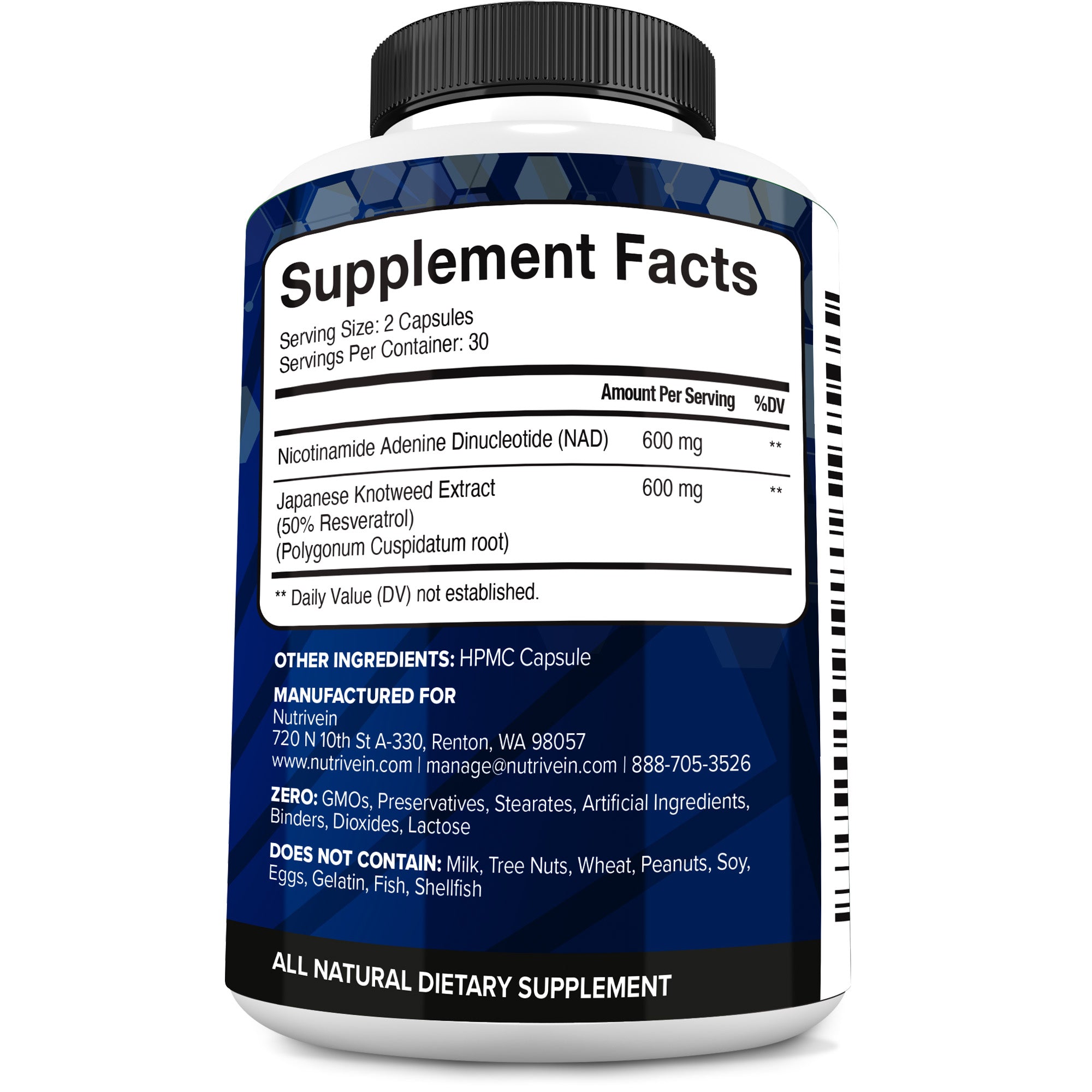 Nutrivein Premium NAD + Resveratrol Supplement 1200 mg - 30 Servings (60 Capsules)