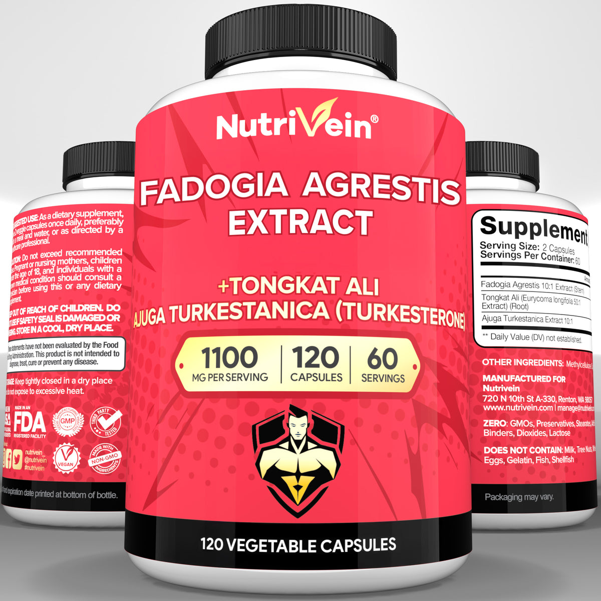 Nutrivein Premium Fadogia Agrestis and Tongkat Ali Supplement with Turkesterone - 1100 mg - 120 Caps