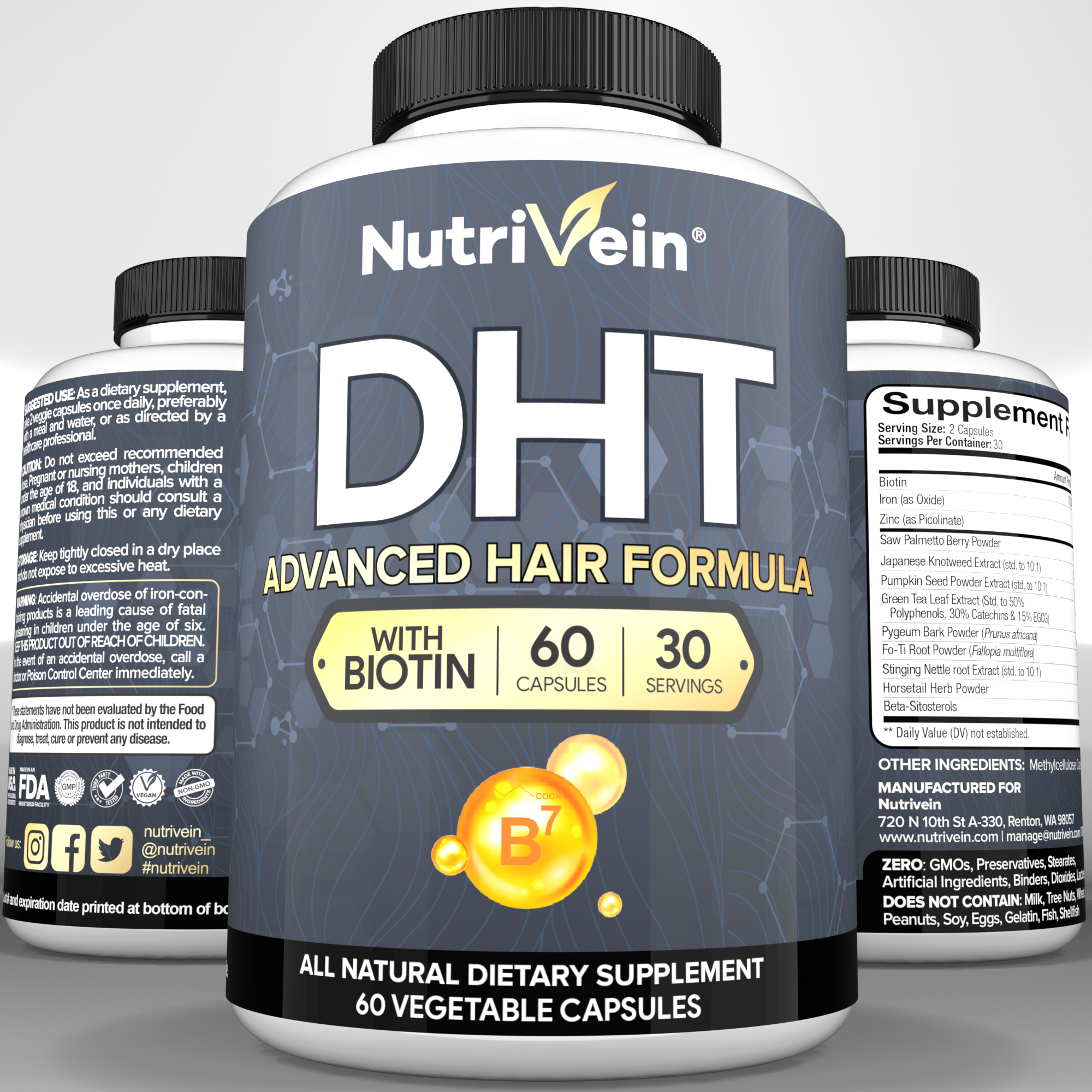 Nutrivein Premium DHT Blocker for Men & Women - with Biotin - 30 Day Supply (60 Caps)