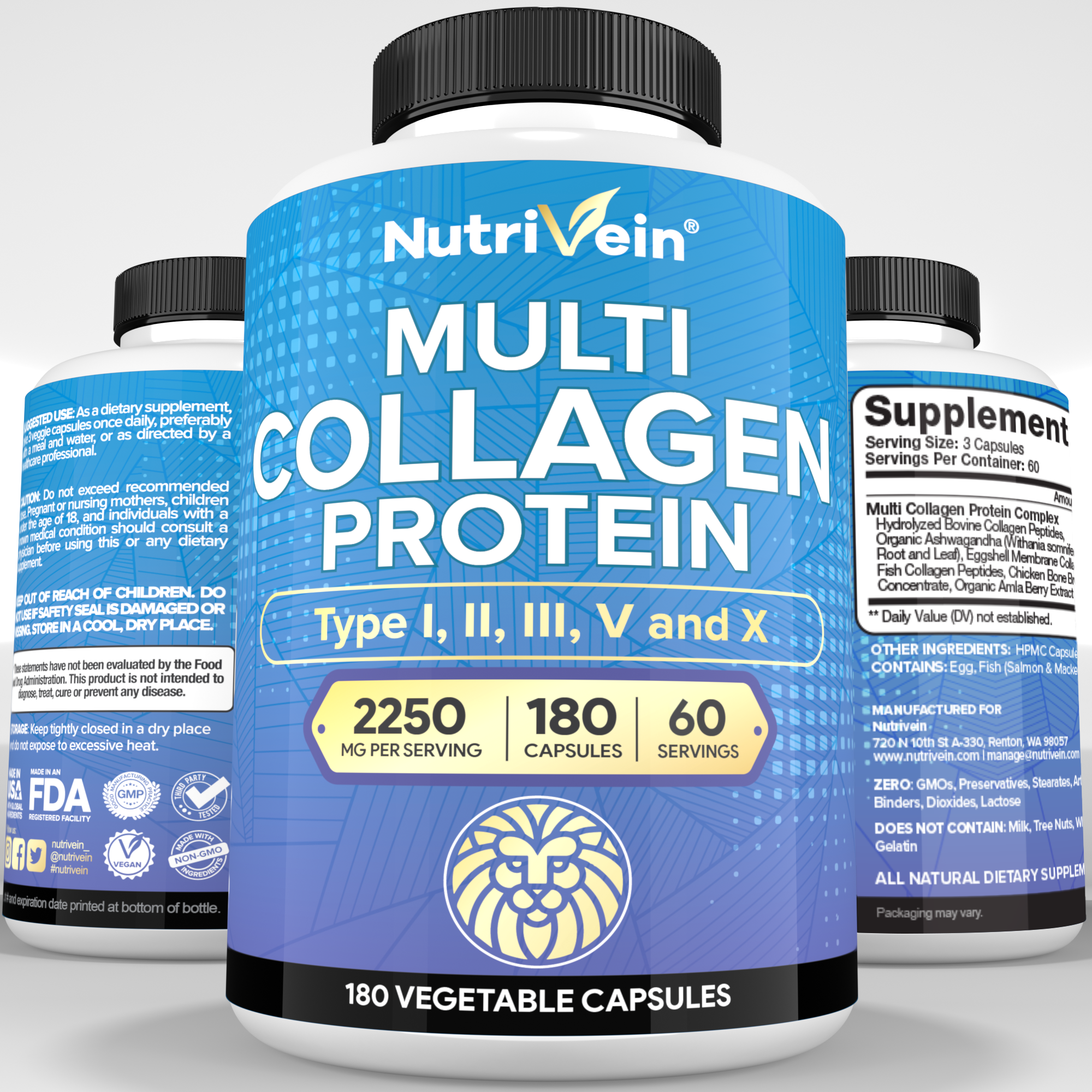 Nutrivein Premium Multi Collagen Pills 2250 mg - 180 Capsules