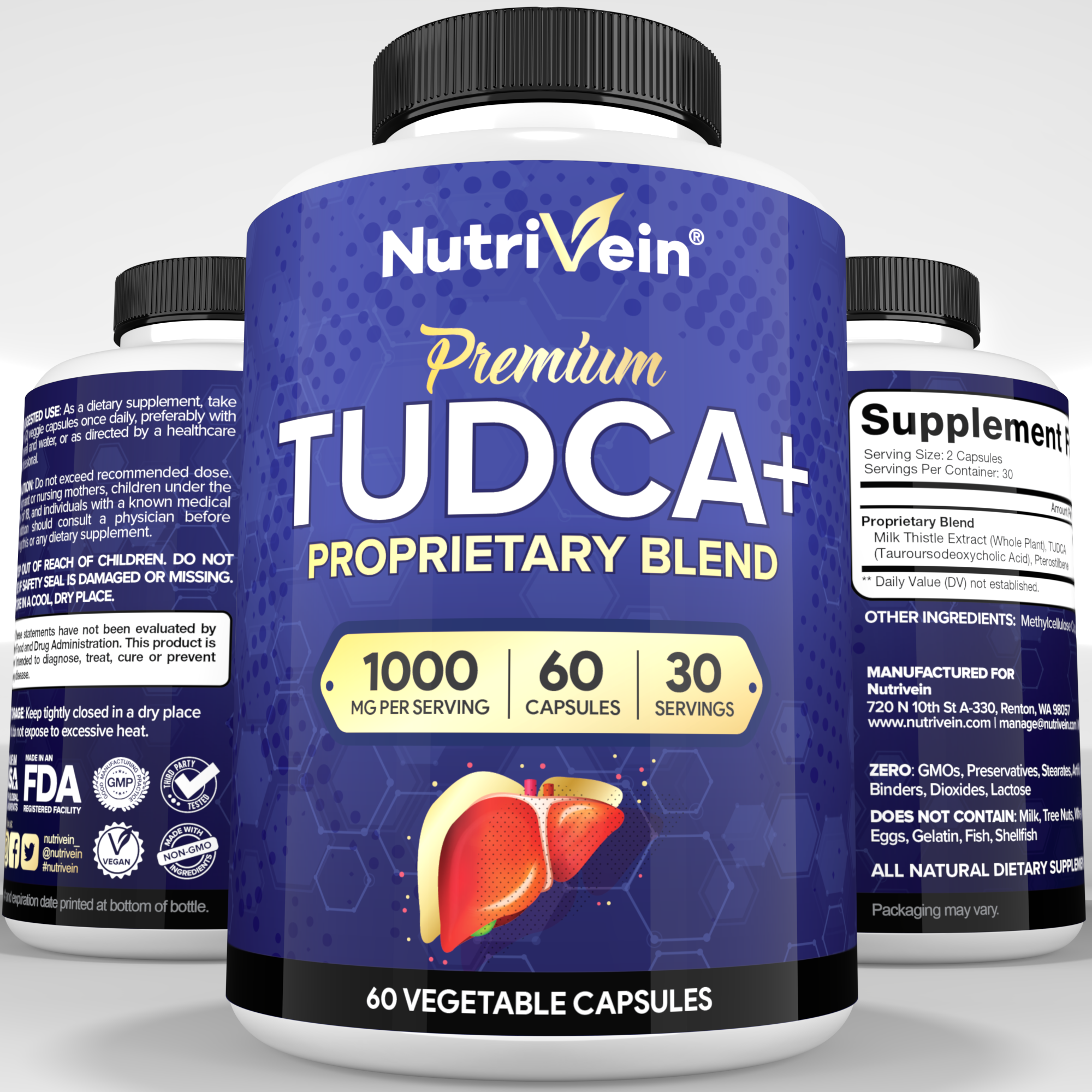 Nutrivein Premium TUDCA+ Liver Support Supplement 1000mg - 30 Day Supply - 60 Capsules