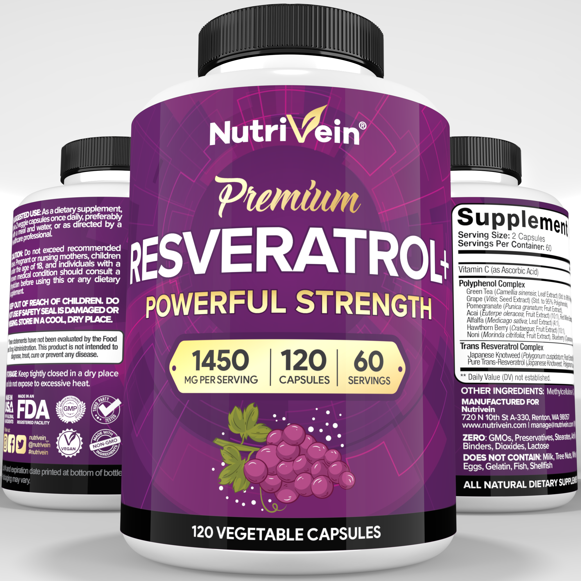 Nutrivein Premium Resveratrol 1450mg - 120 Capsules