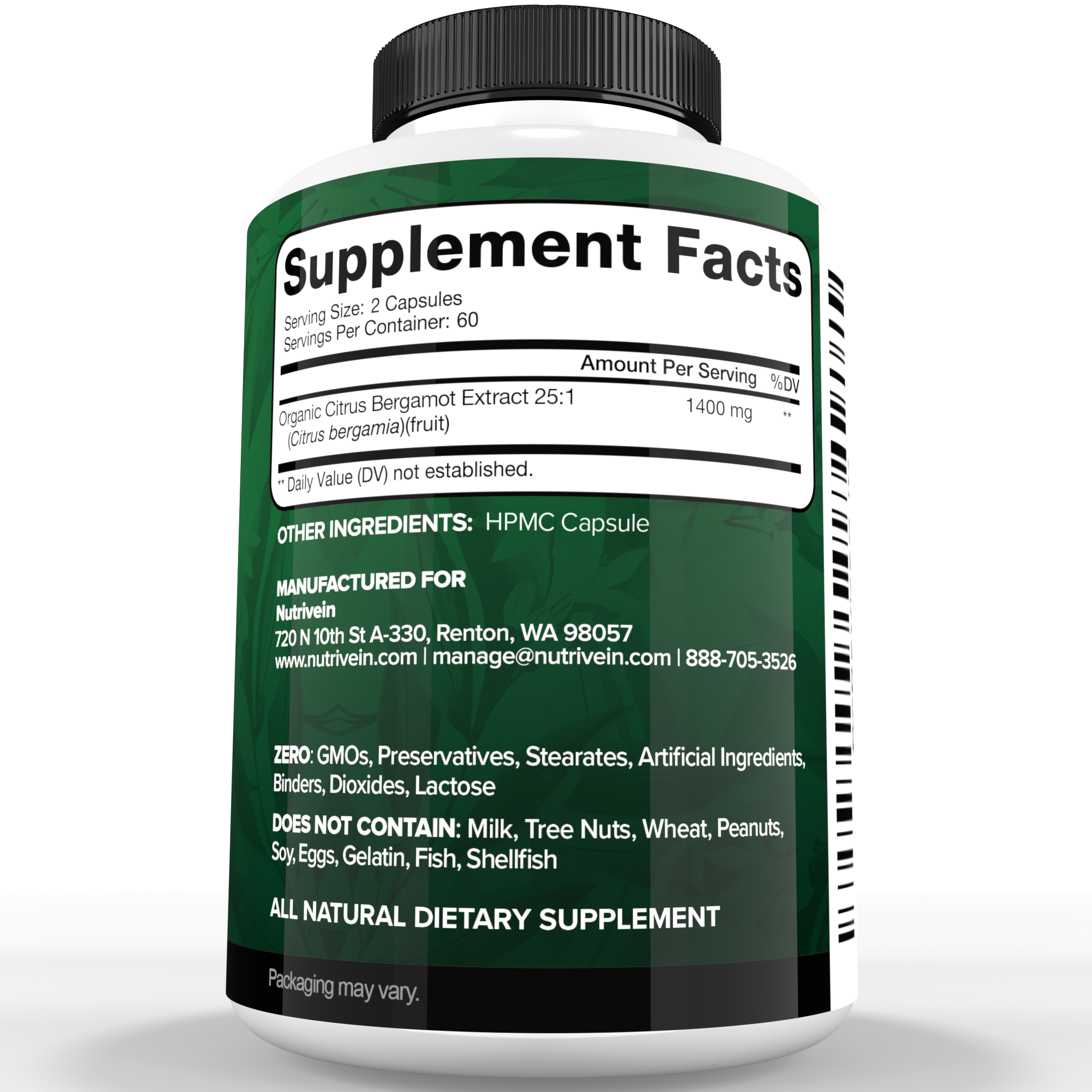Nutrivein Premium Citrus Bergamot Supplement 1400mg 25:1 Bergamia Extract - 60 Day Supply - 120 Capsules