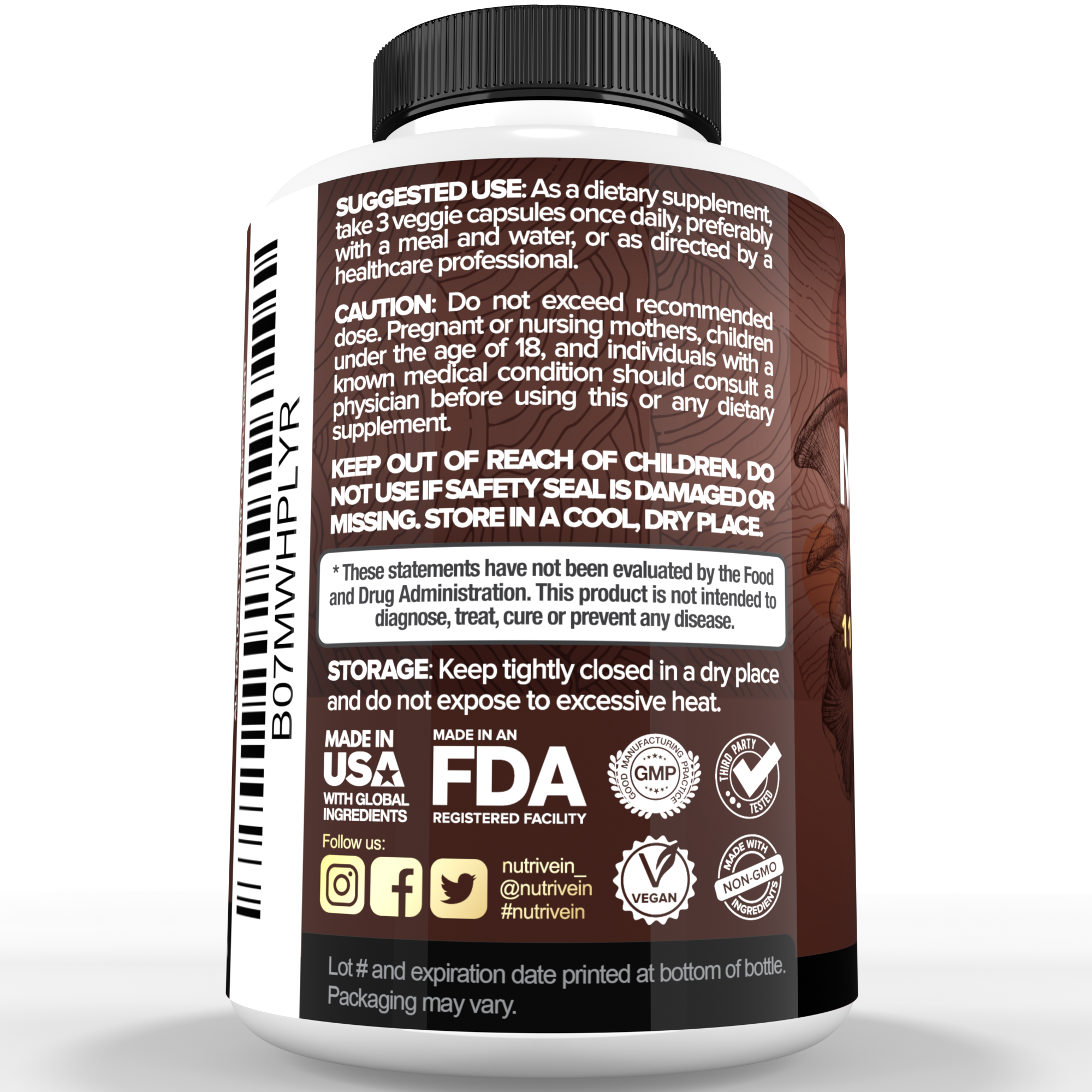 Nutrivein Premium Mushroom Supplement 2600 mg- Bottle 120 Capsules