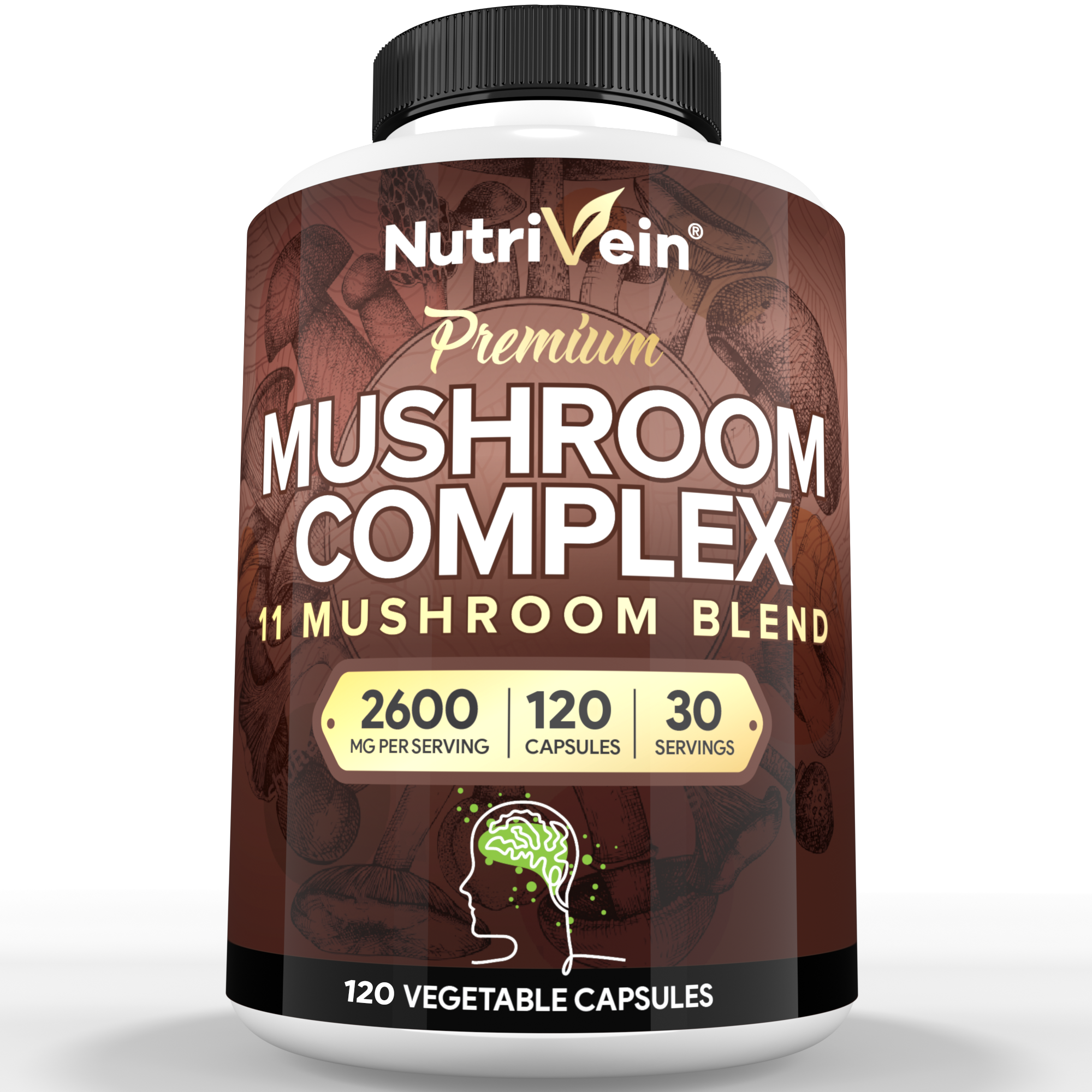 Nutrivein Premium Mushroom Supplement 2600 mg- Bottle 120 Capsules