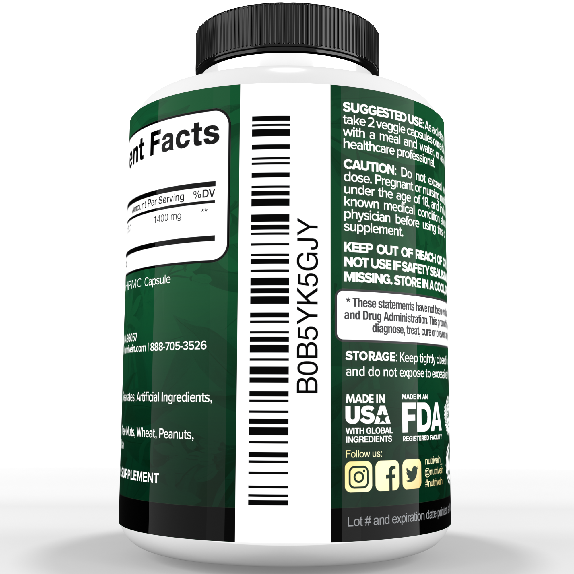 Nutrivein Premium Citrus Bergamot Supplement 1400mg 25:1 Bergamia Extract - 60 Day Supply - 120 Capsules