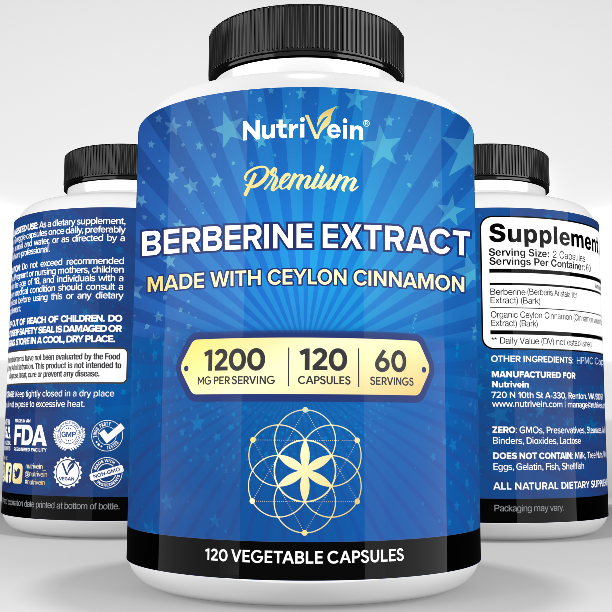 Nutrivein Premium Berberine 1200 mg with Ceylon Cinnamon - 120 Capsules