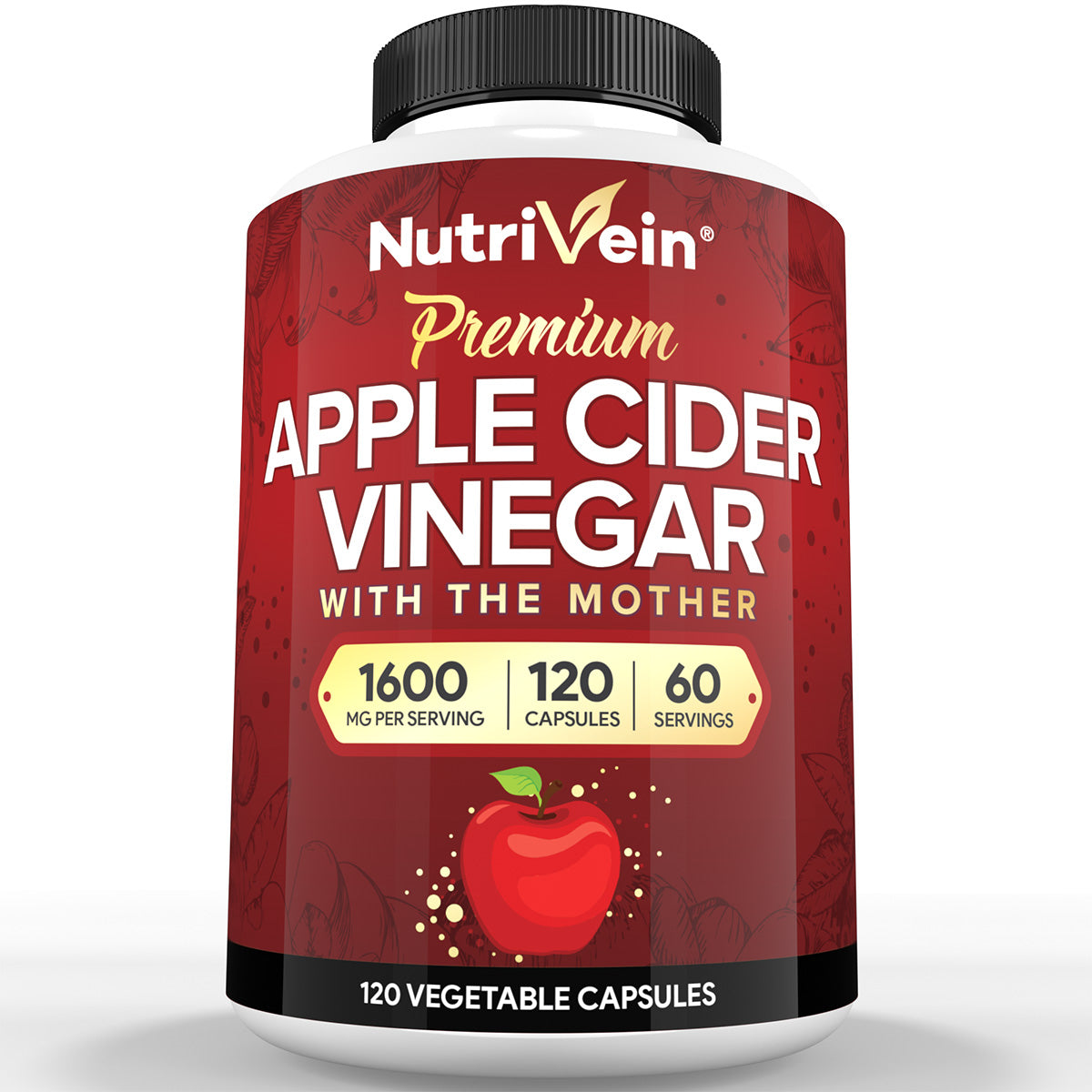Nutrivein Premium Apple Cider Vinegar Supplements with Mother - 1600 mg - 120 Capsules