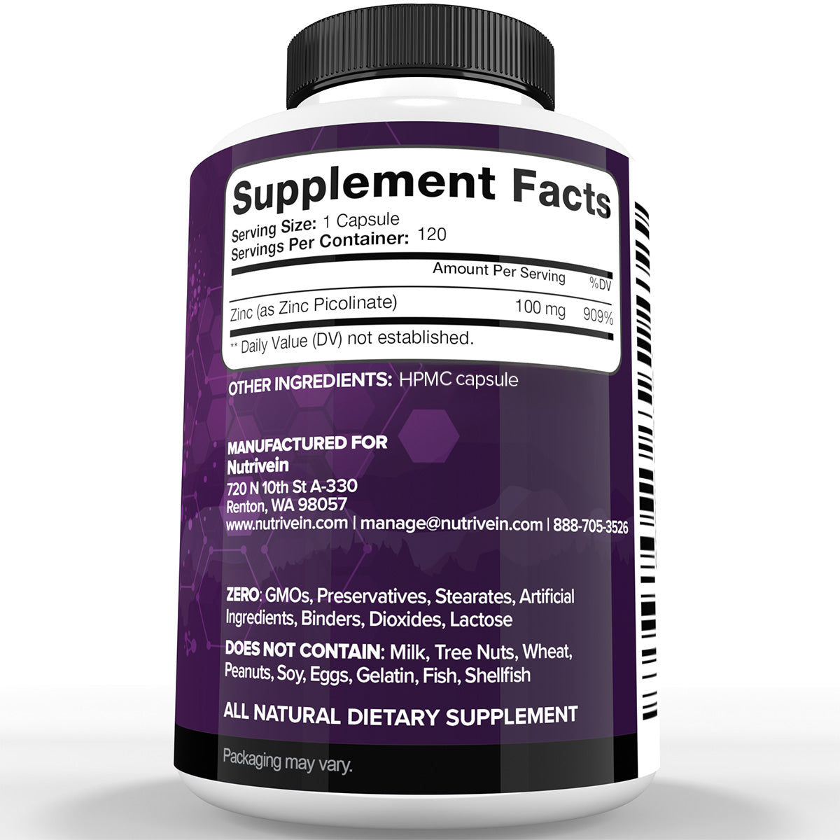 Nutrivein Premium Zinc Picolinate 100mg - 120 Capsules