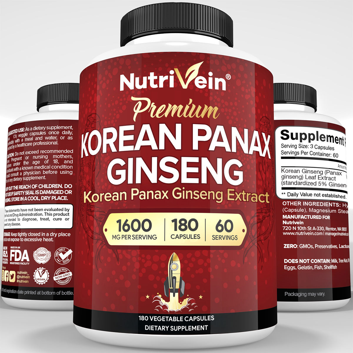 Nutrivein Korean Red Panax Ginseng 1600mg – Extra Strength Formula - 180 Capsules