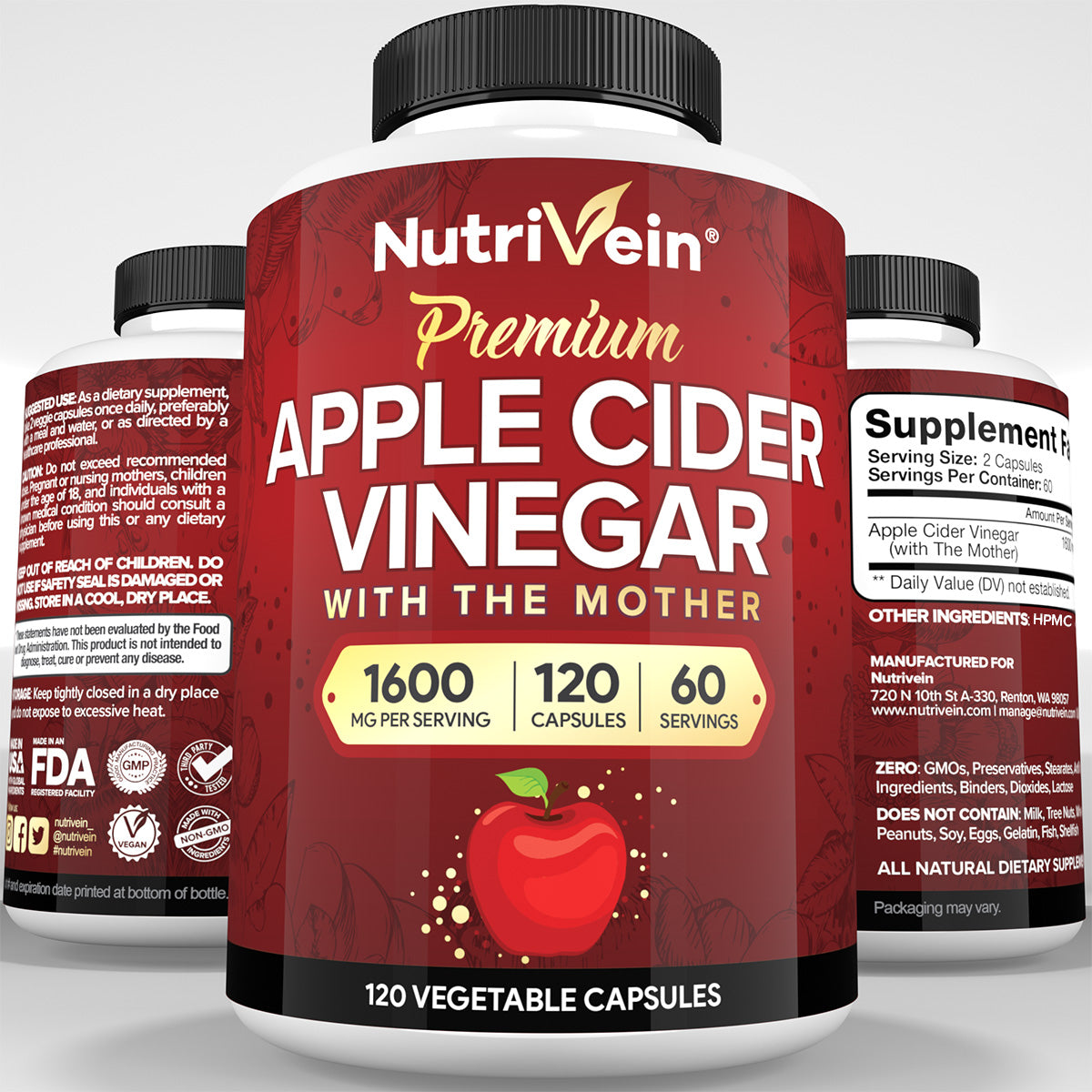 Nutrivein Premium Apple Cider Vinegar Supplements with Mother - 1600 mg - 120 Capsules