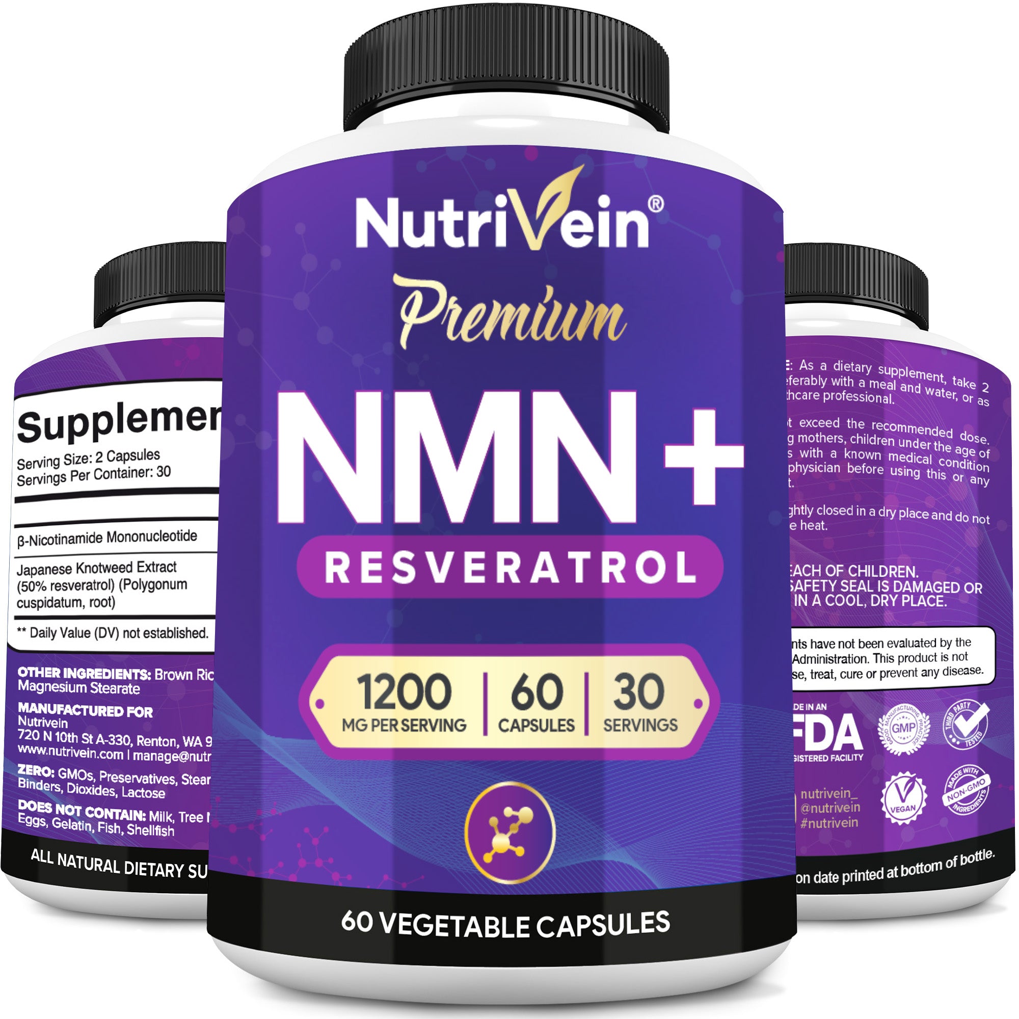 Nutrivein NMN + Resveratrol 600mg: 30 Serv./60 Caps