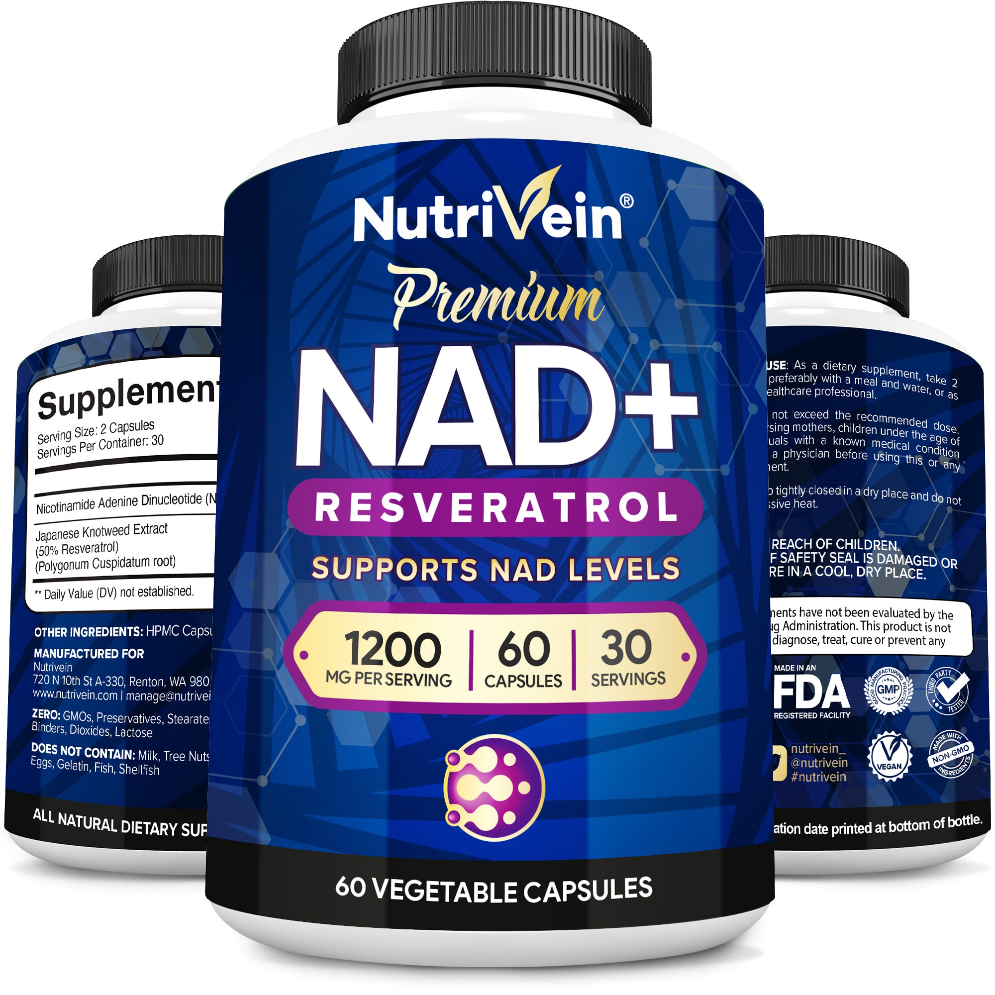 Nutrivein Premium NAD + Resveratrol Supplement 1200 mg - 30 Servings (60 Capsules)