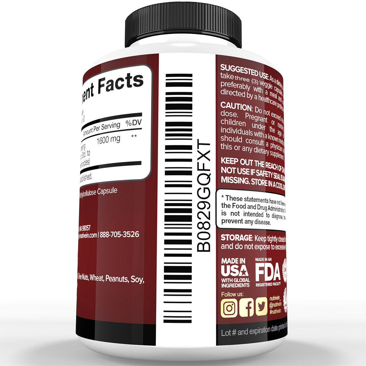 Nutrivein Korean Red Panax Ginseng 1600mg – Extra Strength Formula - 180 Capsules